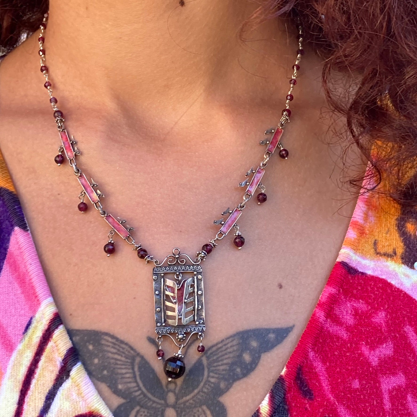 Enamel & Garnet Heart Necklace
