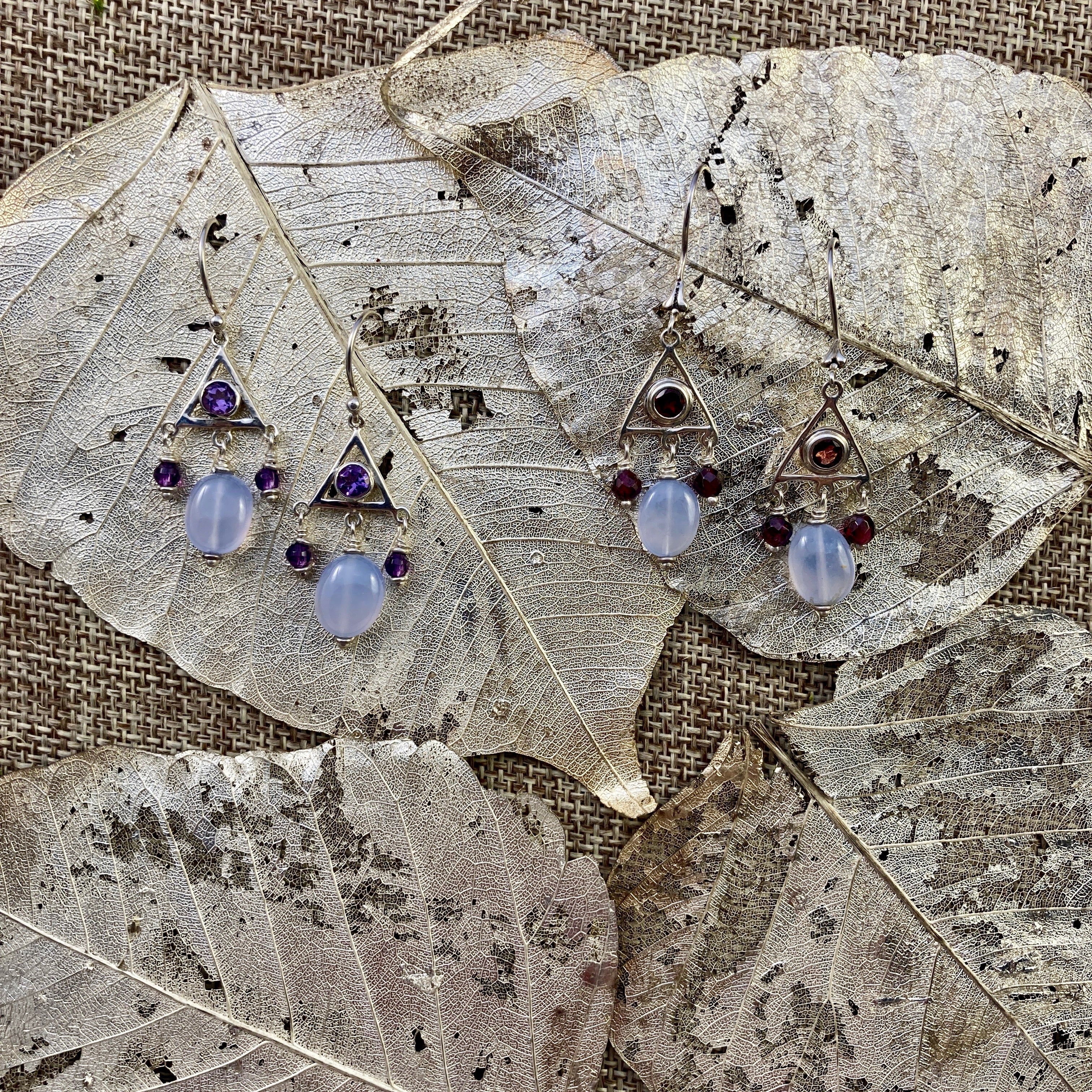 Chalcedony & Red Garnet or Purple Amethyst Earrings