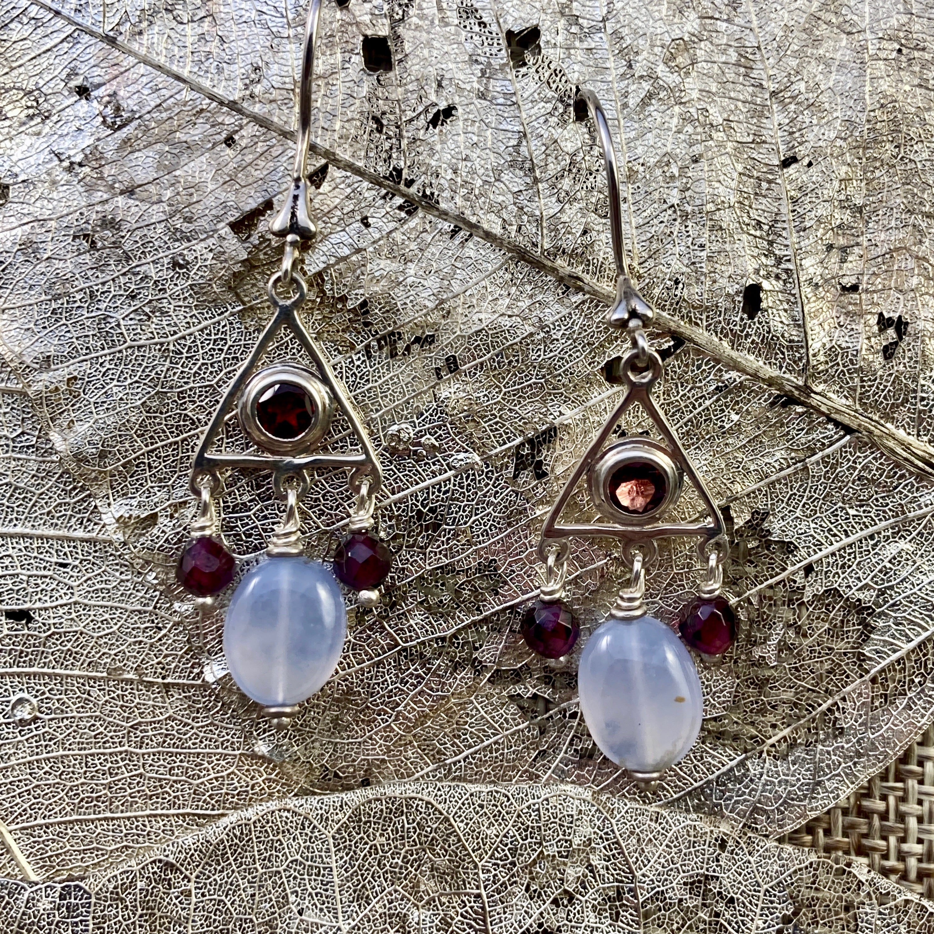 Chalcedony & Red Garnet or Purple Amethyst Earrings