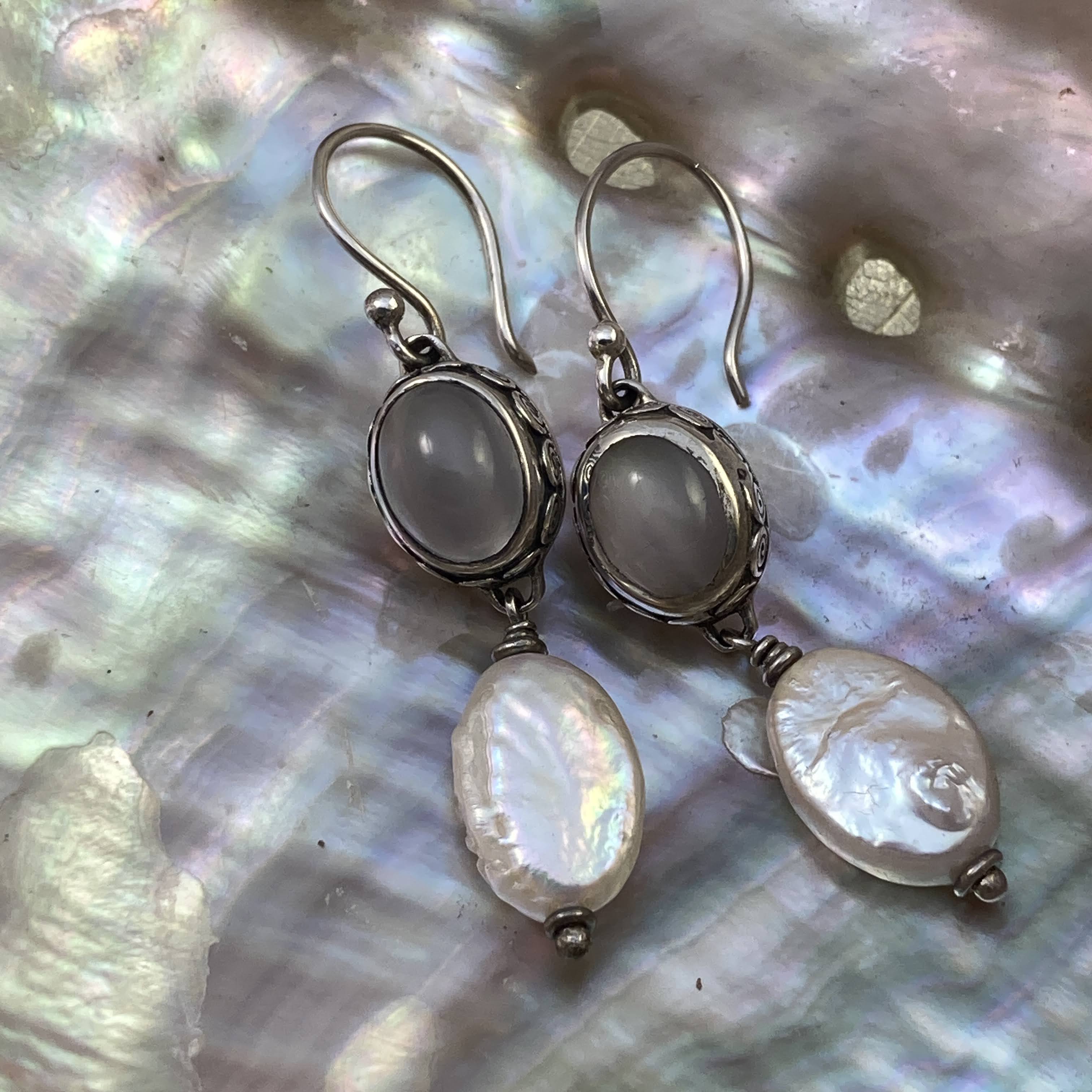 Gray Moonstone & Coin Pearl Earrings
