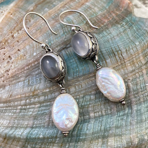 Gray Moonstone & Coin Pearl Earrings