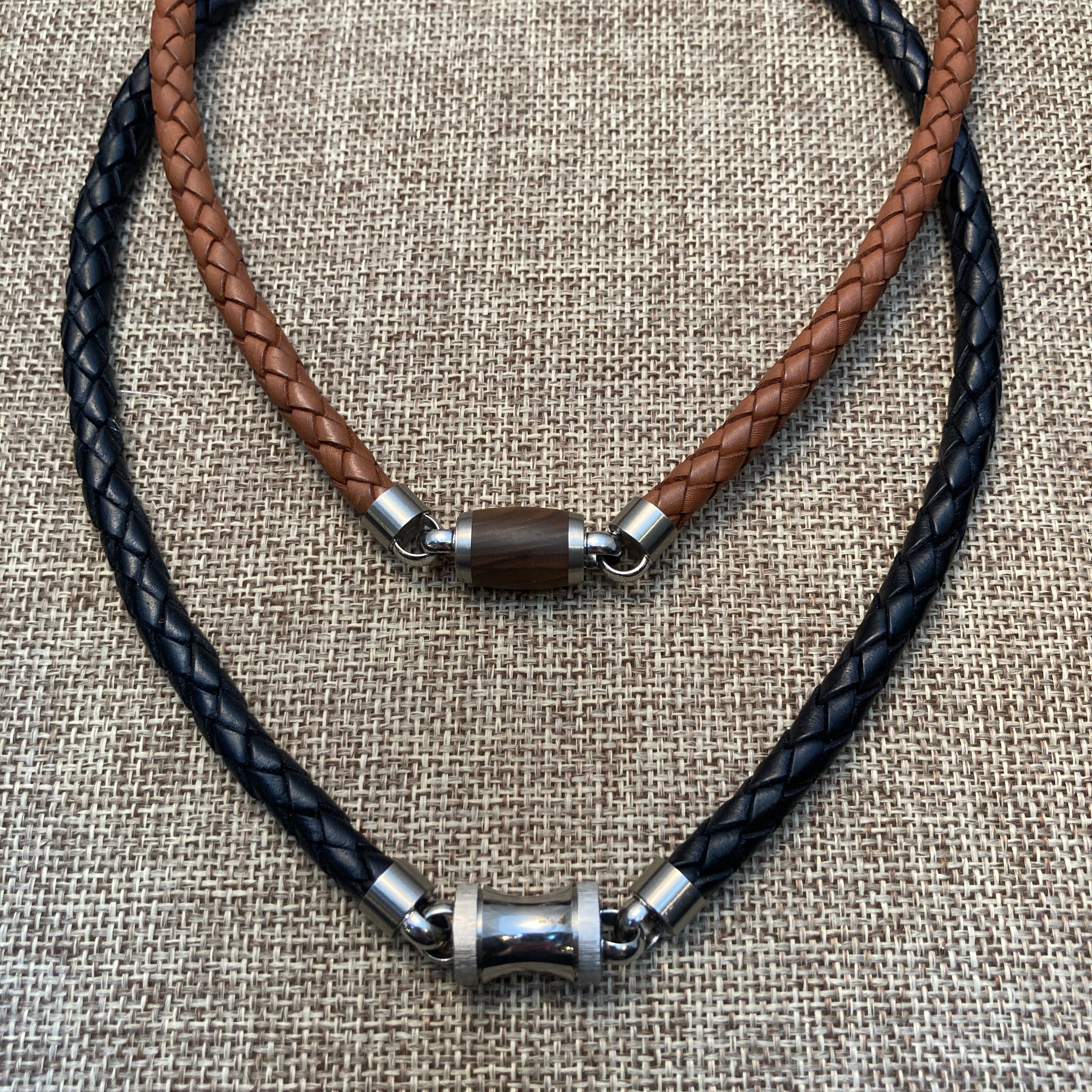 Brown Leather, Wood & Steel Necklace