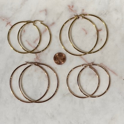 50mm & 60mm Surgical Steel Hoops, Guilded in 18 Karat Yellow and Rose Gold