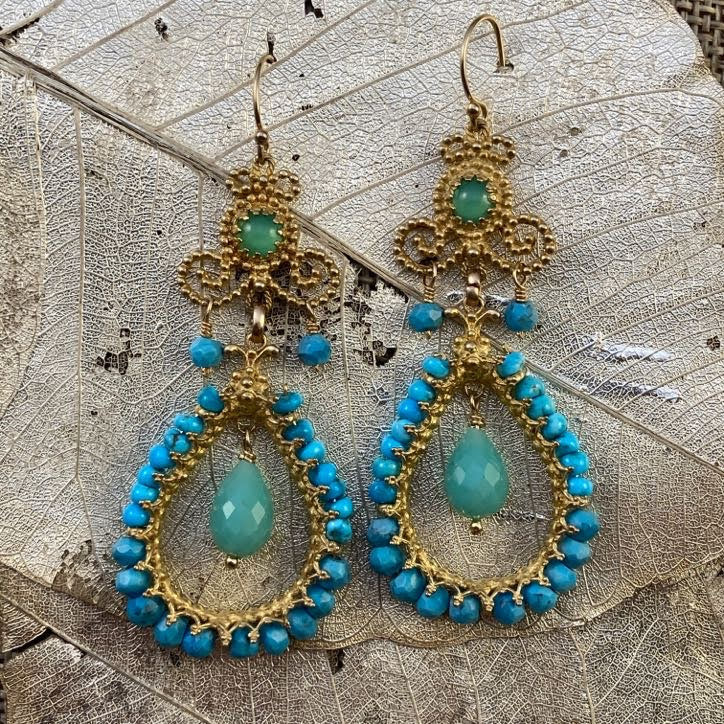 Turquoise & Chrysoprase Chandelier Earrings